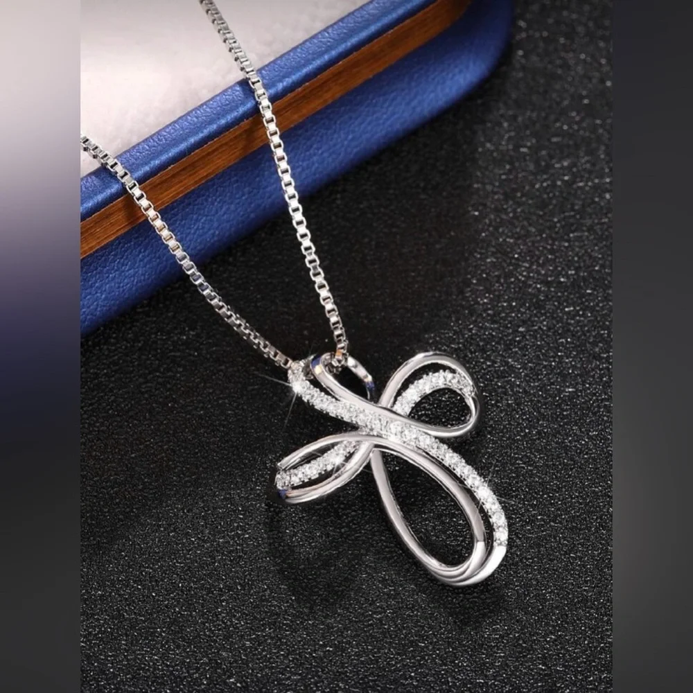 Silver Tone Cubic Zirconia Cross‎ Necklace